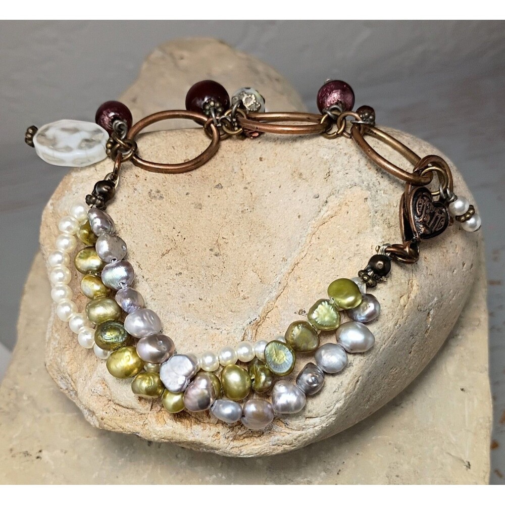 Genuine Pearl Multi Strand Art Glass Beaded Copper tone Bracelet